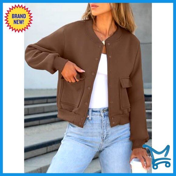 Cropped Bomber Jacket Casual Varsity Y2K Fashion Loose Fit Button Down Pockets - Picture 2 of 7